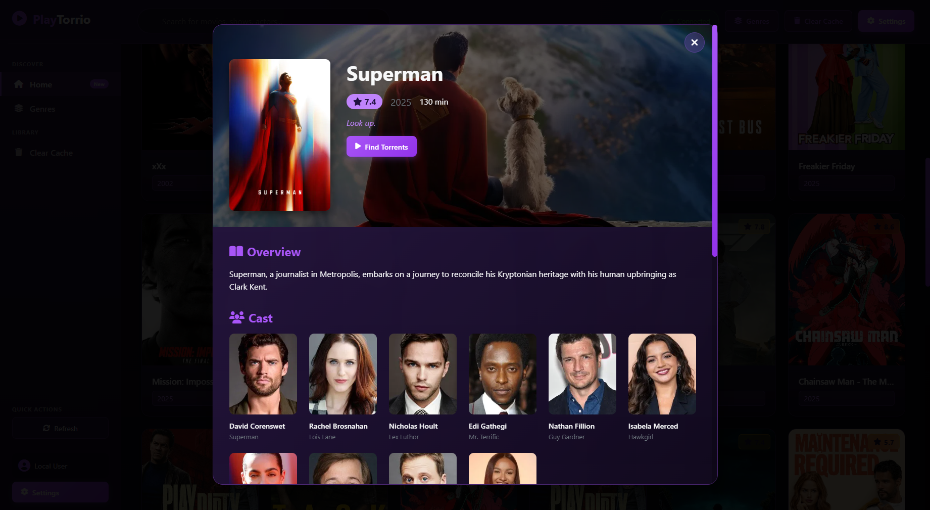 PlayTorrio movie details modal with overview and cast